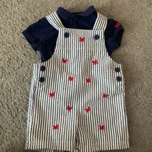 Little Me Crab Seer Sucker Overall with Navy Polo